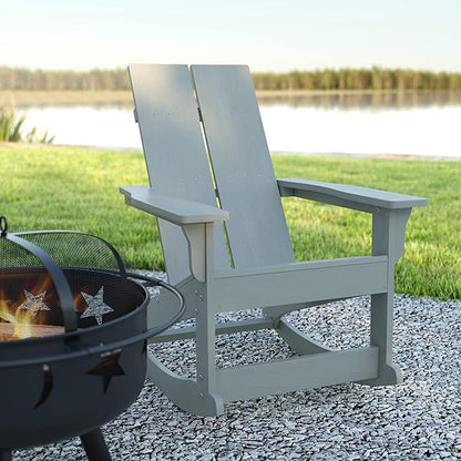EMMA + OLIVER Harmon Adirondack Rocking Chair - Gray Poly Resin - Suitable for Indoor/Outdoor Use - All Weather Materials - Easy Assembly - 350 lb. Weight Capacity