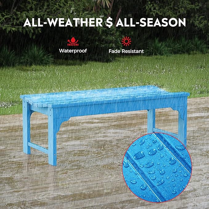 Costaelm Outdoor Benches Weatherproof, All Weather Resistant Park Bench Poly Lumber Backless Garden Bench Seat for Entryway Front Porch, Pacific Blue
