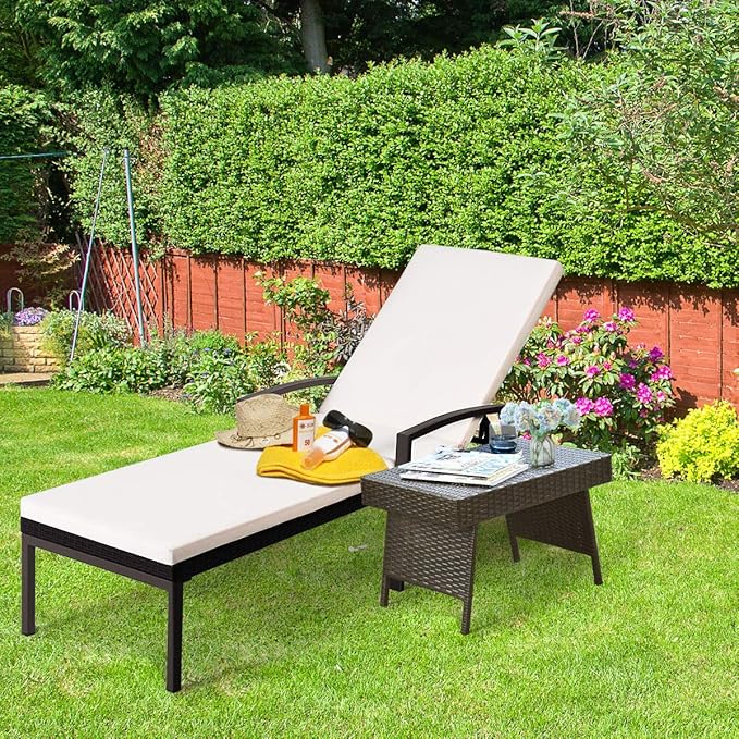 HAPPYGRILL 2 Patio Chaise Lounge Chairs Outdoor Rattan Wicker Lounge Set Adjustable Backrest Poolside Chaise with Soft Cushions for Beach Pool Backyard Balcony