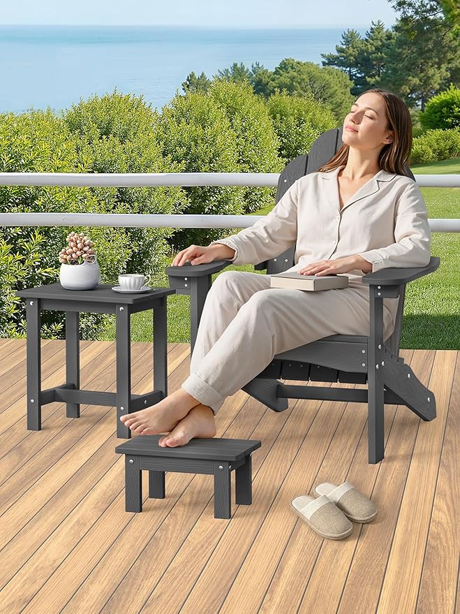 LUE BONA Outdoor Side Table, 2-Tier HDPS Outdoor Nesting End Table with Removable Small Foot Stool for Patio, Deck, Poolside, Low Maintenance & Weather Resistant,Dark Gray