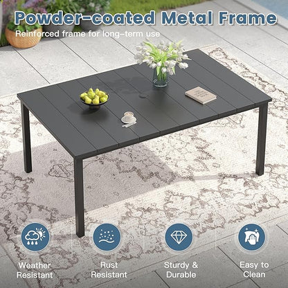 DIFY 63" Rectangle Outdoor Dining Table for 6, Slatted Metal Patio Table with Adjustable Umbrella Hole, All-Weather Patio Dining Table for Garden Backyard Deck, Black Tabletop