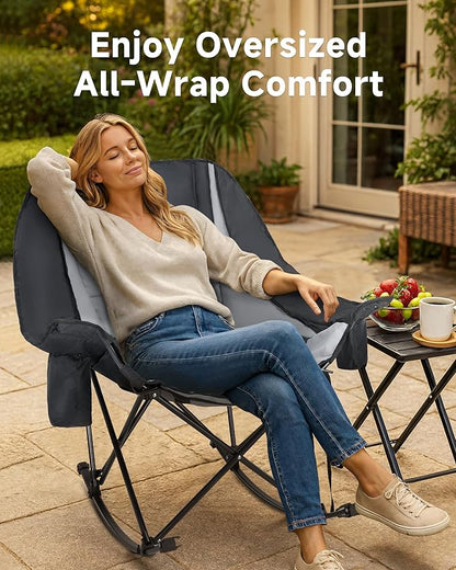 Slsy Oversized Rocking Camping Chair for Adults, 400 lbs Heavy Duty Padded Recliner with Side Pocket, Cup Holder & Carry Bag, Foldable Outdoor Lawn Chair for Patio, Backyard, or Camp