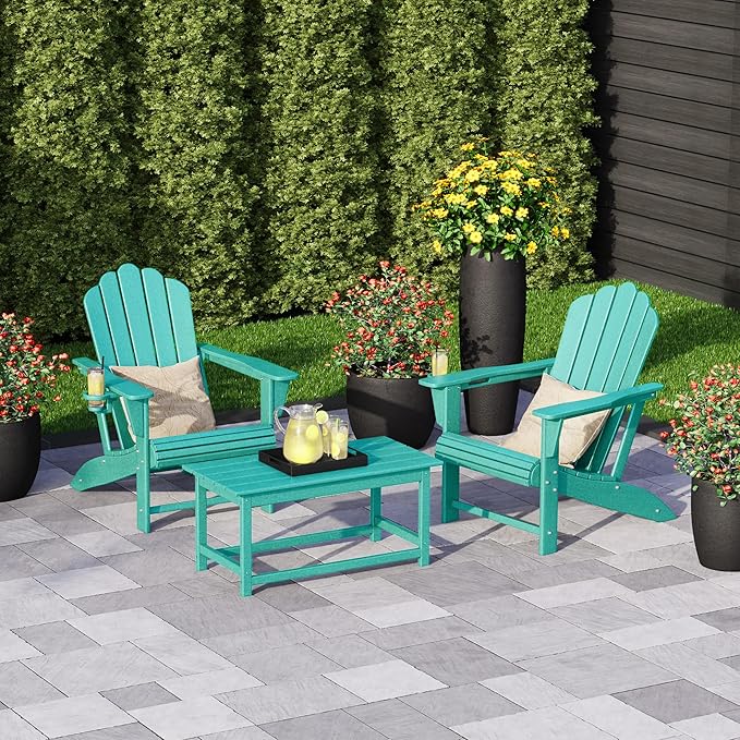 Costaelm Lakeview 3-Piece Adirondack Chairs with Cup Holders and Coffee Table Set, Turquoise