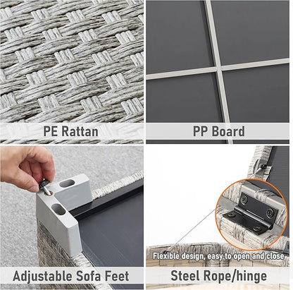 WAROOM Patio Coffee Table PE Wicker Ourdoor Storage Table, All Weather Resin Rattan Table with Storage for Garden Backyard Porch Poolside, Grey