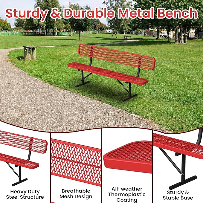 8FT Park Bench for Outside Heavy Duty Metal Mesh Bench with Back Portable Frame, Commercial Steel Bench Outdoor Garden Benches for Lawn, Park, Deck, Garden, Patio, Porch (Red, 8FT)