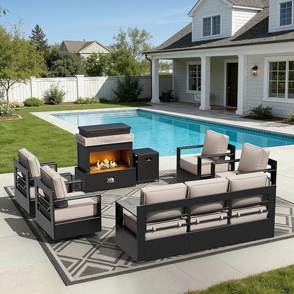 Outdoor Aluminum Furniture Set, 6-Piece Patio Conversation Set, 4 Chairs 1 Sofa and 1 Fireplace, All-Weather Metal Frame, 6" Thick Removable Cushions, Deep Setting for Garden, Poolside and Porch
