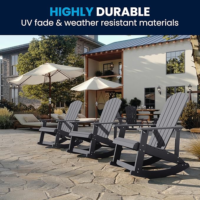 Flash Furniture Savannah Poly Resin Wood Adirondack Rocking Chair - All Weather Gray Polystyrene - Stainless Steel Hardware