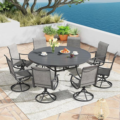 Patio Dining Table for 8-10, Round Metal Outdoor Table with 1.57" Umbrella Hole, 60" Outdoor Slat Tabletop Dining Table for Backyard, Porch, Lawn, Dark Grey