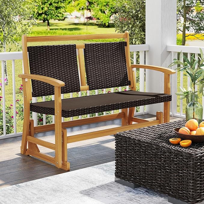 HAPPYGRILL Outdoor Glider Bench Acacia Wood Porch Glider with Rattan Seat and Backrest, Curved Armrests, 2-Person Swing Rocking Chair for Patio, Backyard, Garden, Balcony