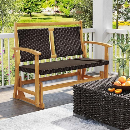 HAPPYGRILL Outdoor Glider Bench Acacia Wood Porch Glider with Rattan Seat and Backrest, Curved Armrests, 2-Person Swing Rocking Chair for Patio, Backyard, Garden, Balcony