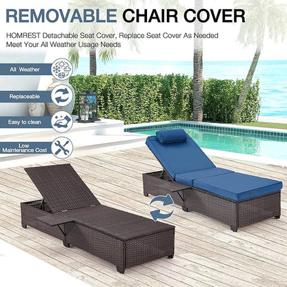 HOMREST PE Wicker Chaise Lounge Chairs Set of 6,Adjustable 5 Position Outside Rattanr Patio Pool Chair with Headrest,Cushion and Storage Rack for Poolside Backyard Porch,Khaki (Blue)