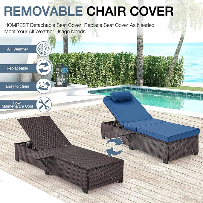 HOMREST PE Wicker Chaise Lounge Chairs Set of 4,Adjustable 5 Position Outside Rattanr Patio Pool Chair with Headrest,Cushion and Storage Rack for Poolside Backyard Porch,(Blue)