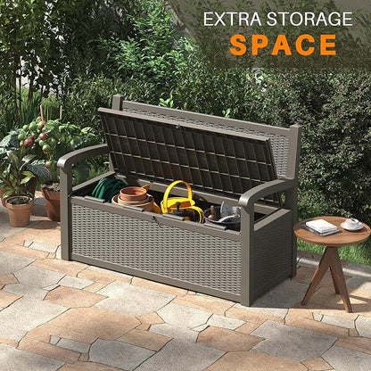 LHBcraft 70 Gallon Deck Bench with Storage,Outdoor Storage Box Bench Waterproof&Lockable, Resin Patio Furniture with Armrest for Patio, Porch, Garden,Grey