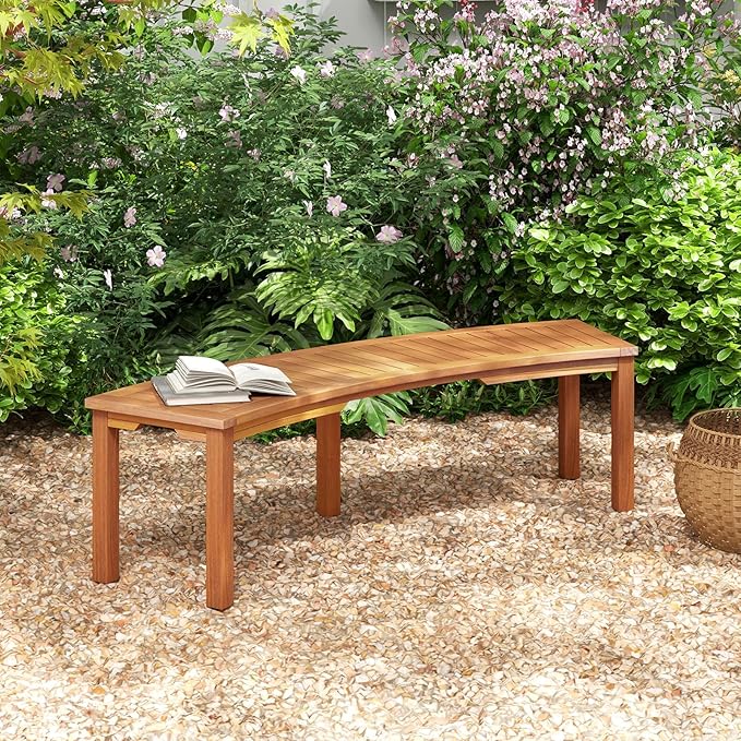 Tangkula Outdoor Curved Bench, Acacia Wood Fire Pit Bench w/Slatted Seat, Patio Backless 2-Person Seating for Porch, Yard, Garden, 800 LBS Max Load, Oil Painted (4, 58")