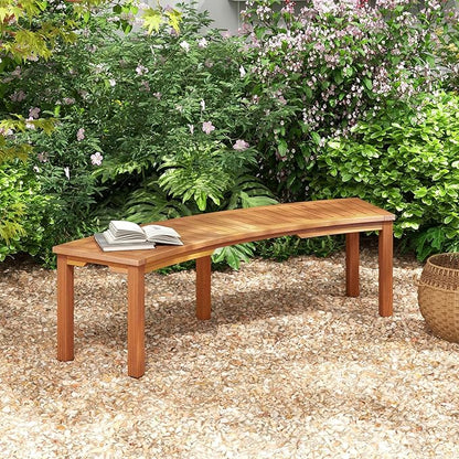 Tangkula Outdoor Curved Bench, Acacia Wood Fire Pit Bench w/Slatted Seat, Patio Backless 2-Person Seating for Porch, Yard, Garden, 800 LBS Max Load, Oil Painted (2, 58")