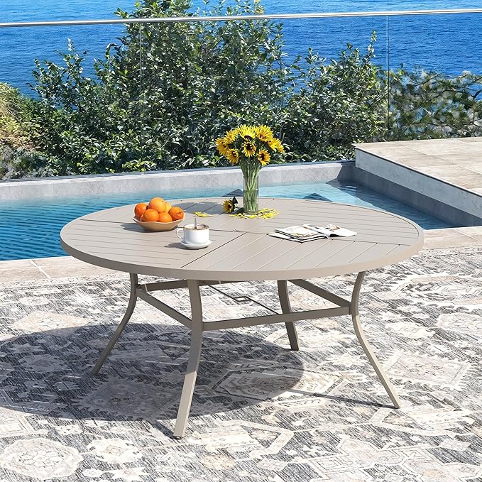 DIFY 53.1" Round Outdoor Patio Dining Table for 6-8, All-Weather Metal Steel Slatted Patio Table with 1.57" Adjustable Umbrella Hole, for Lawn Garden Porch Backyard, Sandshell