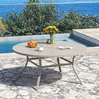 DIFY 53.1" Round Outdoor Patio Dining Table for 6-8, All-Weather Metal Steel Slatted Patio Table with 1.57" Adjustable Umbrella Hole, for Lawn Garden Porch Backyard, Sandshell