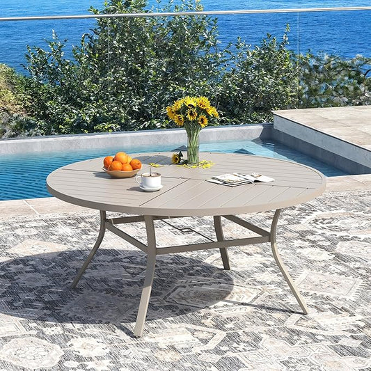 DIFY 53.1" Round Outdoor Patio Dining Table for 6-8, All-Weather Metal Steel Slatted Patio Table with 1.57" Adjustable Umbrella Hole, for Lawn Garden Porch Backyard, Sandshell