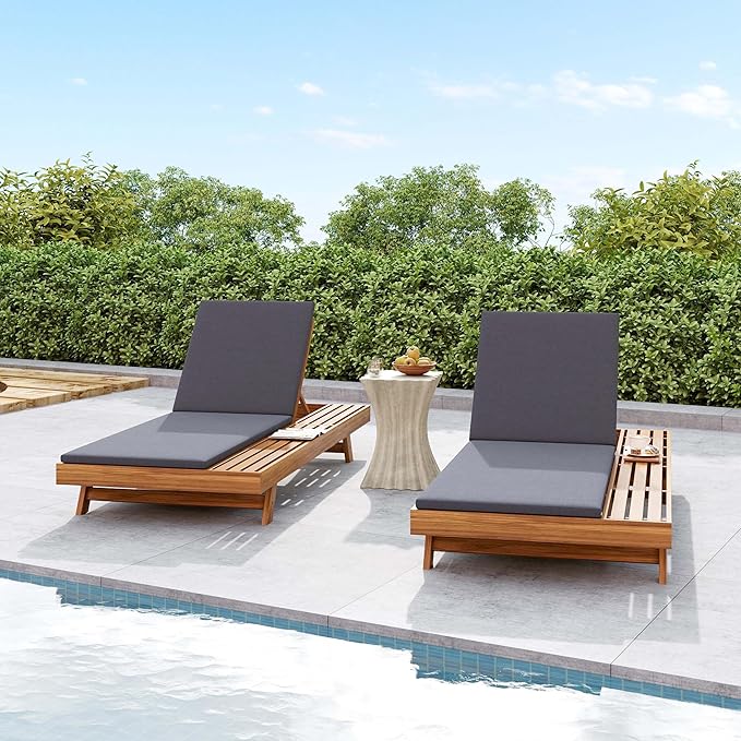 Acacia Wood Outdoor Chaise Lounge with Open Slatted Side, 4-Position Pool Lounge Chairs with All-Weather Cushion, Teak Finish Reclining Patio Chair, 300Lbs Capacity (Dark Grey, 2 inch)