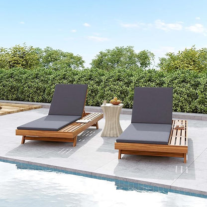 Acacia Wood Outdoor Chaise Lounge with Open Slatted Side, 4-Position Pool Lounge Chairs with All-Weather Cushion, Teak Finish Reclining Patio Chair, 300Lbs Capacity (Dark Grey, 2 inch)
