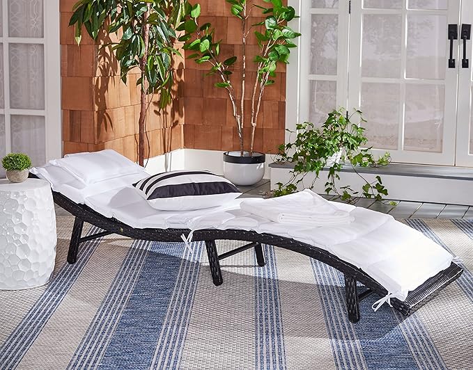 SAFAVIEH Outdoor Collection Colley Black Wicker/White Cushion Adjustable Recliner Chaise Lounge Chair (PAT7722A)