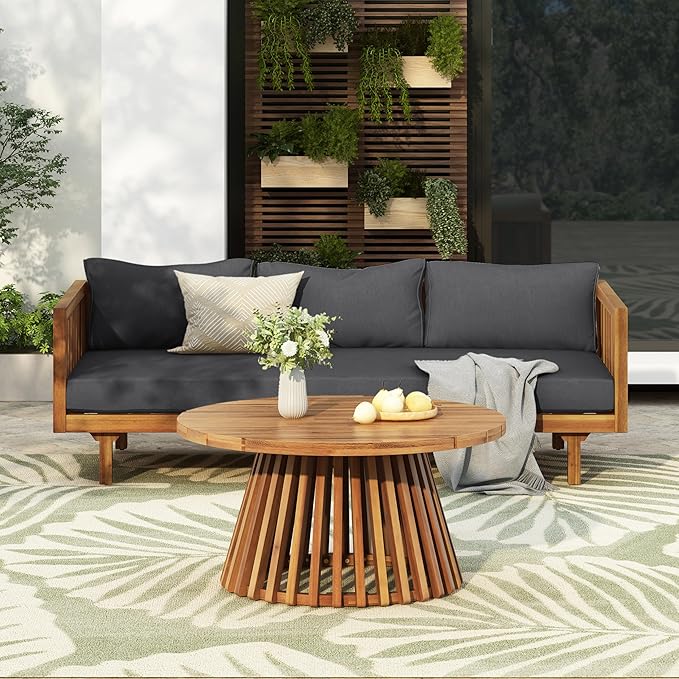 Merax Outdoor Acacia Wood Conversation Set - Patio 3-Seat Loveseat Sofa w/Coushion and Round Coffee Table for Backyard - Photo 2