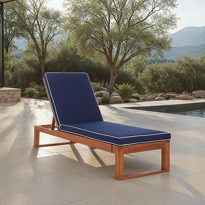SAFAVIEH Outdoor Patio Furniture Collection - Sophie Natural Solid Wood Lounger with Navy Cushion & White Piping, Adjustable Backrest, Chaise Lounge Chair (PAT7101B)