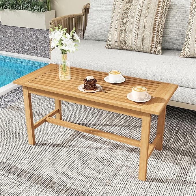 Giantex Teak Wood Patio Coffee Table - 36” Rectangular Outside Side Table with Slatted Tabletop, Solid Center Table, Outdoor Cocktail Table for Deck, Backyard, Garden, Poolside, Balcony, Natural