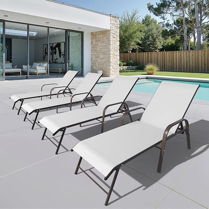 Crestlive Outdoor Chaise Lounge Chair,5-Position Pool Lounge Chairs with Armrests Sunbathing Recliner for Patio,Beach,Deck,Yard (4PC Brown)