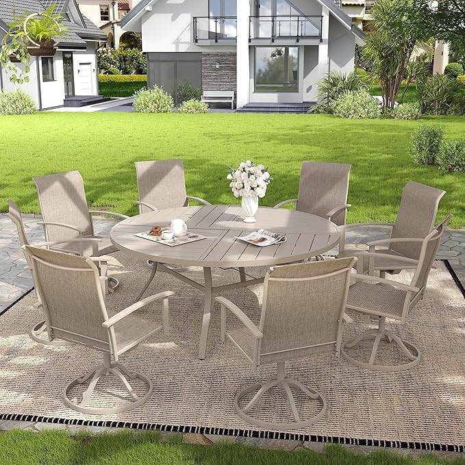 VICLLAX 63" Round Patio Dining Table for 8-10, All Weather Metal Outdoor Table with 1.57" Umbrella Hole and Surdy Frame for Garden Lawn Deck, Sandshell