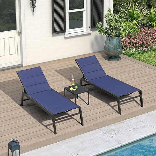 PURPLE LEAF Extra Large Outdoor Chaise Lounge 4 Pieces Aluminum Patio Lounge Chair with Wheels Reclining Chair for Patio Pool Beach Sunbathing Navy Blue Oversized Lounger