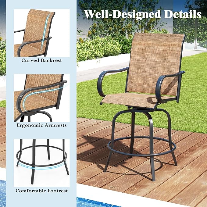 Tangkula Outdoor Swivel Bar Stools Set of 2, Bar Height Tall Patio Chairs with Armrests & High Back - Photo 8