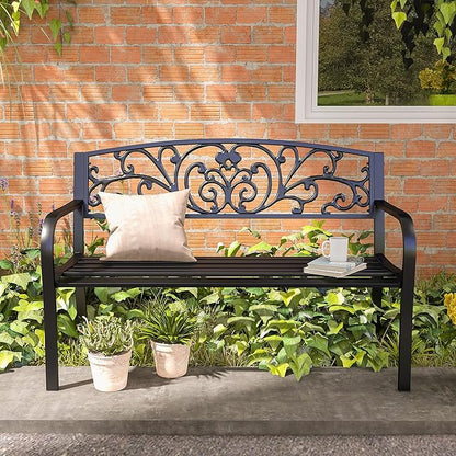 Outsunny 50" Outdoor Bench, Metal Garden Bench with Floral Pattern Backrest, Porch Bench with Slatted Seat for Park, Yard, Lawn, Black