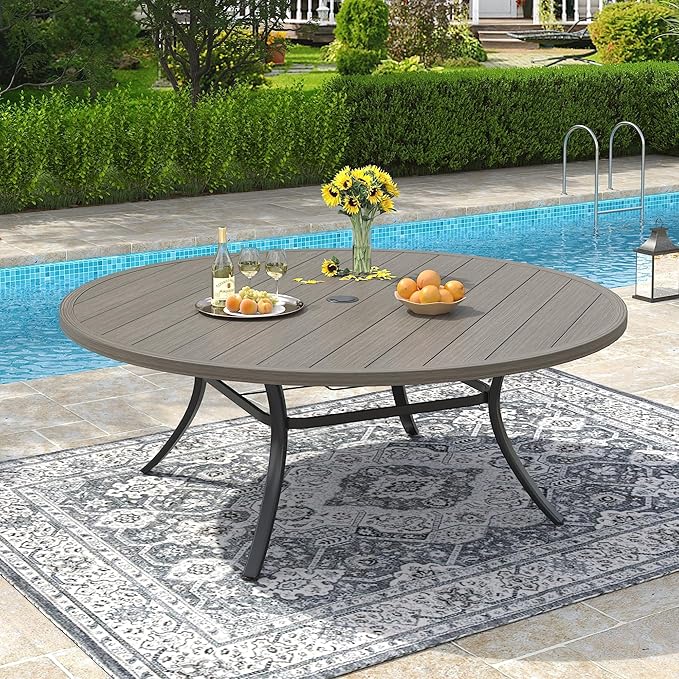 VICLLAX 63" Outdoor Patio Dining Table for 8-10, Metal Round Table with Umbrella Hole for Deck Lawn Garden Backyard, Grey