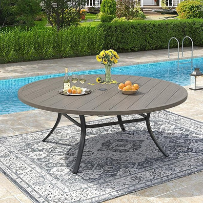 VICLLAX 63" Outdoor Patio Dining Table for 8-10, Metal Round Table with Umbrella Hole for Deck Lawn Garden Backyard, Grey