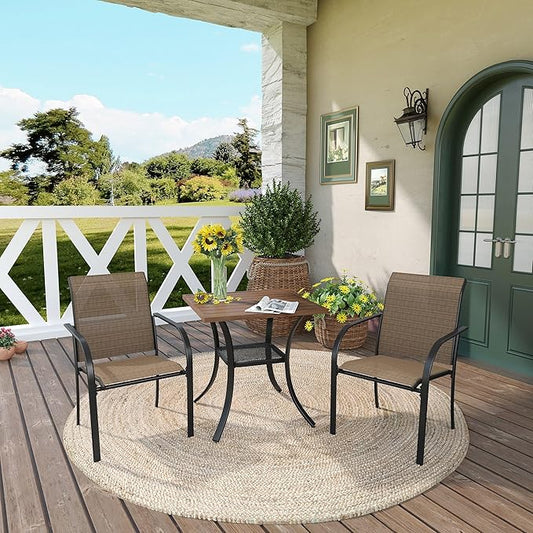 DIFY 27.6" Square Patio Dining Table, Walnut Small Outdoor Bistro Table with Rust Resistant Metal Frame, Ideal for Lawn, Backyard and Deck