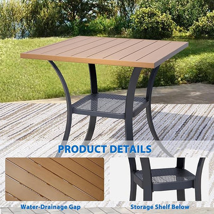 27.5'' Outdoor Patio Table with Storage Shelf, Heavy Duty 400lbs Capacity Square Metal Garden Table, All-Weather Walnut Tabletop for Deck, Balcony, Bistro, 2-4 Person
