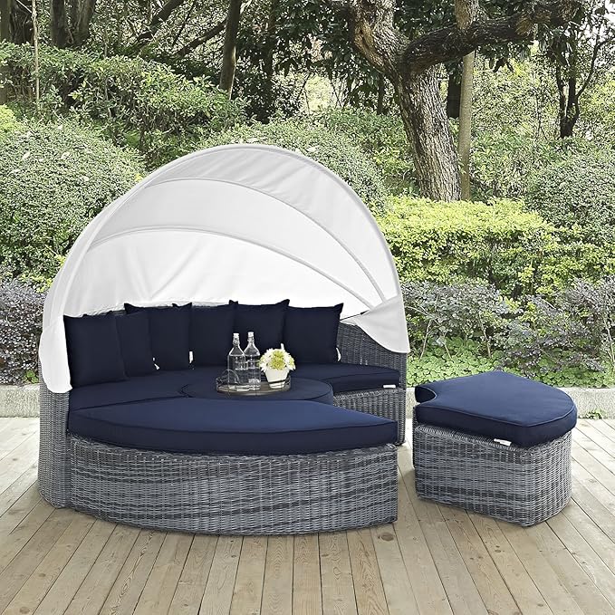 Modway Summon Outdoor Patio Daybed with Canopy and Sunbrella Cushions in Canvas Navy