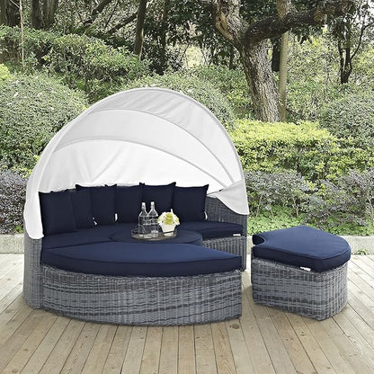 Modway Summon Outdoor Patio Daybed with Canopy and Sunbrella Cushions in Canvas Navy