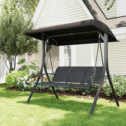GAOMON 3-Seat Patio Swing Chair with Adjustable Canopy & Armrests, Breathable Textilene Fabric Seat & Backrest, Outdoor Porch Hanging Swing Bench for Garden, Poolside, Backyard – Black