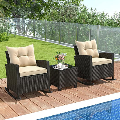 Tangkula 3 Piece Wicker Rocking Set, Patio Rattan Roker Chairs with Tempered Glass Table & Soft Cushions, Outdoor Furniture Set for Backyard, Poolside Porch (Beige)