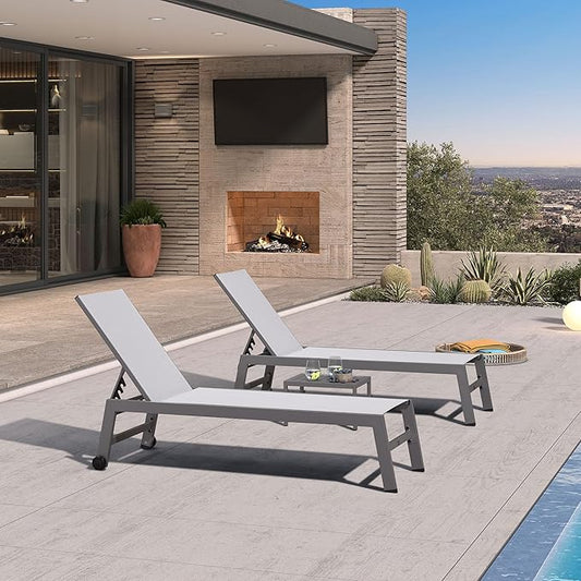 PURPLE LEAF Outdoor Chaise Lounge Set for 2 Oversized Pool Lounge Chairs with Easy-to-Move Wheels and Adjustable Backrest Extra Large Patio Loungers for Poolside Deck Beach Yard Table Included, White