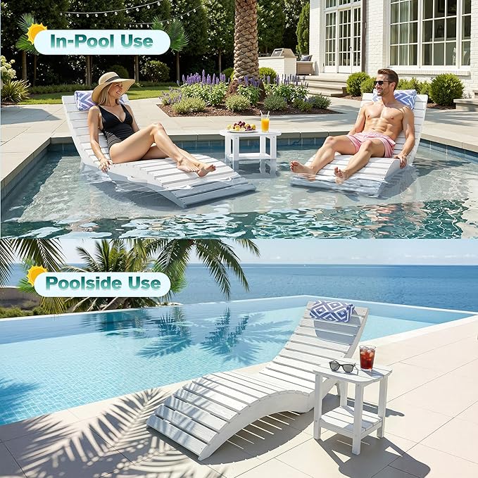 nalone Folding Pool Lounge Chairs Set of 2, HDPE Outdoor Pool Chaise Lounge with Pillow, Pre-Assembled Tanning Chairs with Wheels for Pool Beach Patio (2, White)