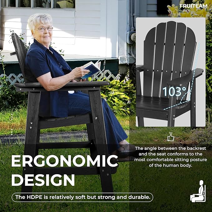 FRUITEAM Adirondack Chairs Set of 2, Recycled Poly Adirondack Chair Balcony Chair with Connecting Table, Weather-Resistant Outdoor Bar-Height Tall Adirondack Chairs for Patio, Pool, Yard, Lawn