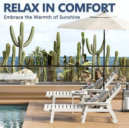 Patio Chaise Lounge Chair Set of 4, HDPE Outdoor Lounge Chairs with 5-Position Adjustable Backrest, Cup Holder and Wheels, 450lbs Capacity for Poolside Deck Backyard, All Weather Material(White)