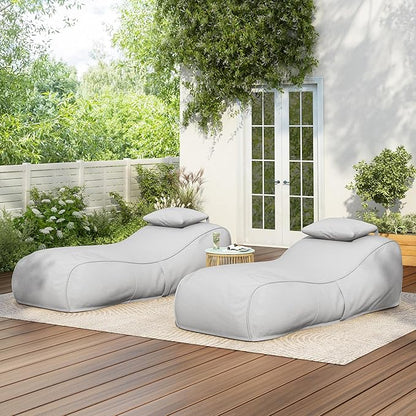 Christopher Knight Home Morton Outdoor Bean Bag Chair Set of 2, Fabric Bean Bag Chair for Adults and Kids, Indoor/Outdoor Sun Lounger with Headrest, Patio Chaise Lounge Chair Set of 2, Light Gray