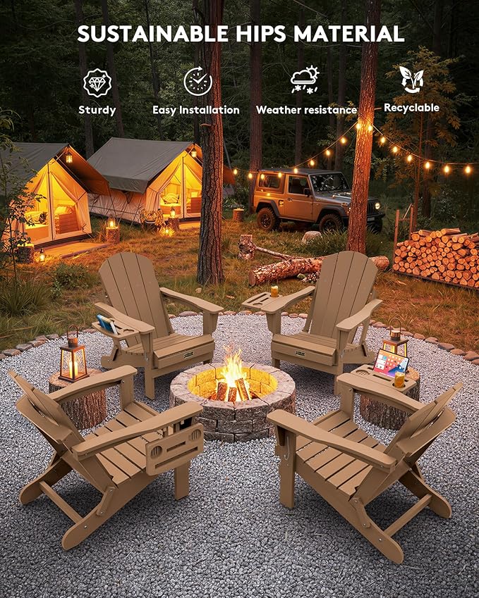 SERWALL Folding Adirondack Chair Set of 2, Outdoor Chairs with 4 in 1 Cup Holder, Wood Texture Adirondack Chairs - Photo 9