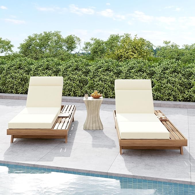 espidoo Adjustable Outdoor Chaise Lounge: 4-Position Recline with 5.75" Headrest - 800lb Capacity Acacia Wood Frame & 4-Inch Water-Resistant Cushion for Poolside Patio - Beige/Light Brown