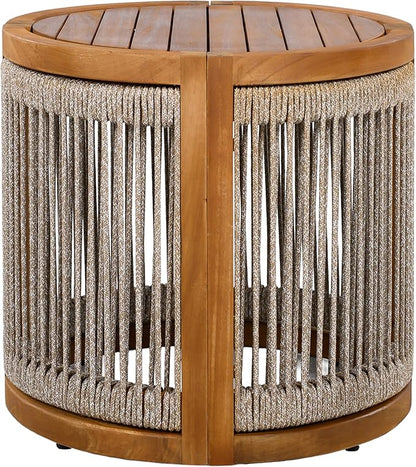 Christopher Knight Home Viktor Acacia Wood Outdoor Side Table, Patio Round Coffee Table with Woven Rope Accents, Table for Patio Furniture Set, Elegant Slatted Design, Weather-Resistant, Teak