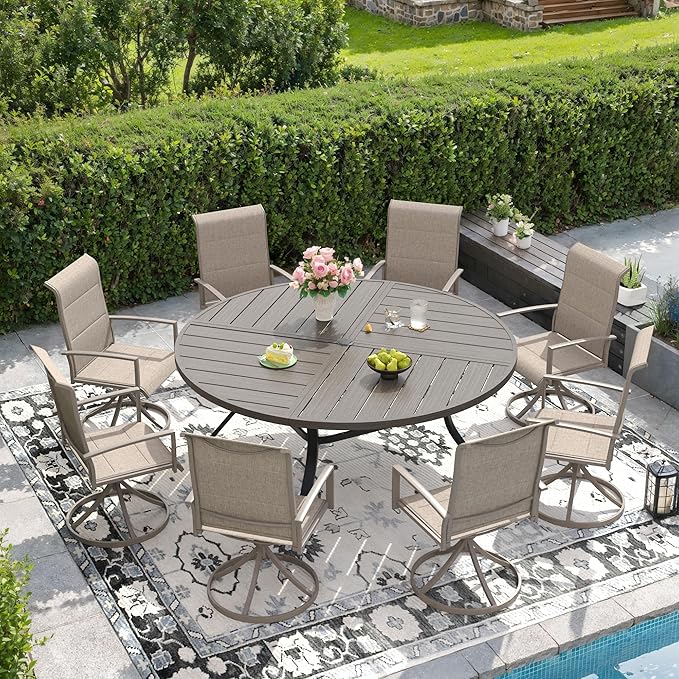 DIFY 59.8" Round Outdoor Patio Dining Table for 8-10, All-Weather Metal Steel Slatted Patio Table with 1.57" Adjustable Umbrella Hole for Garden, Backyard, Deck, Grey Wood-Like